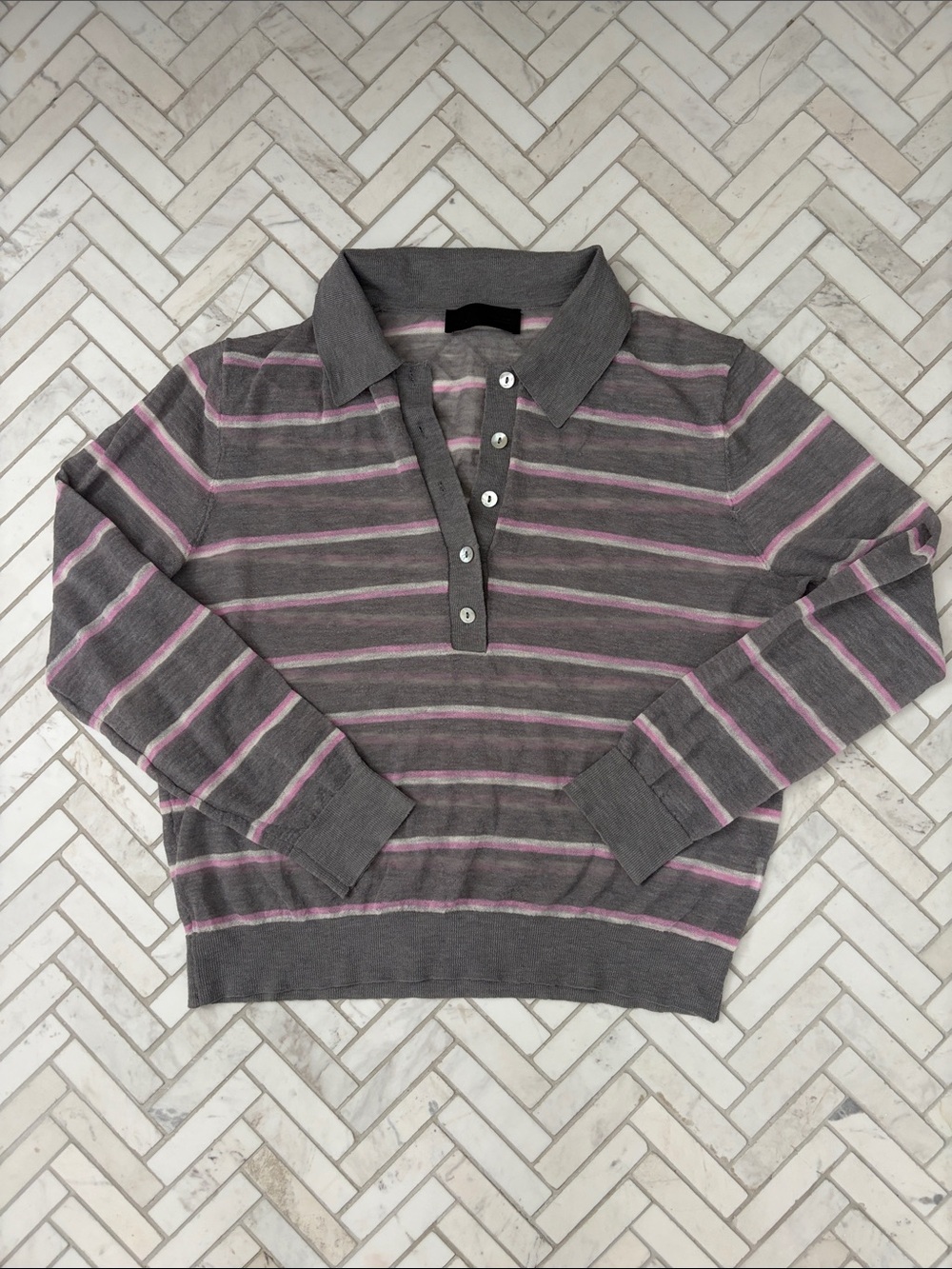 Zara Women's Striped Polo Sweater in Gray & Pink